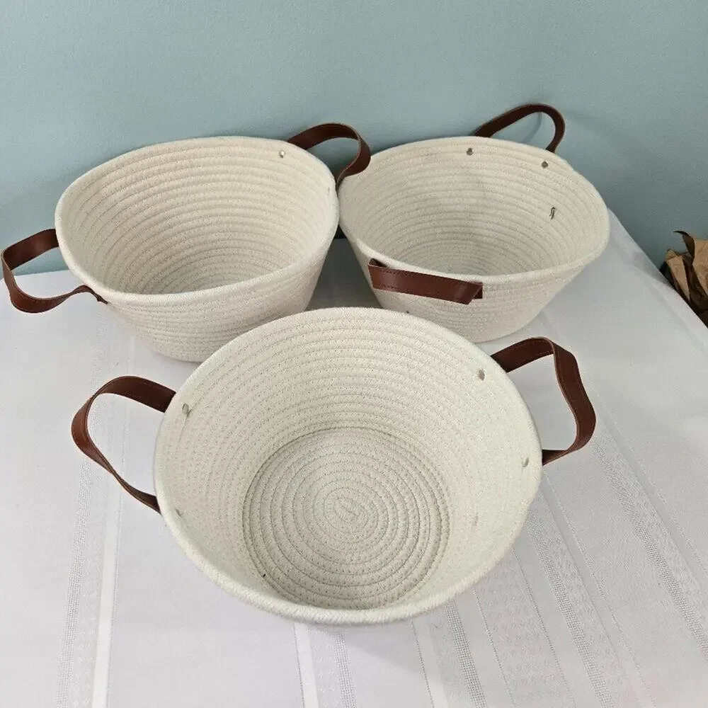 Rope Cotton Coiled Storage Baskets Round Faux Leather Handles Cream Set of 3